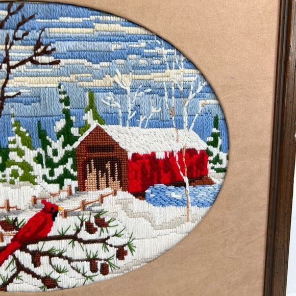 Handmade Framed Crewel Covered Bridge Cardinal Winter Scene - Picture 8 of 14